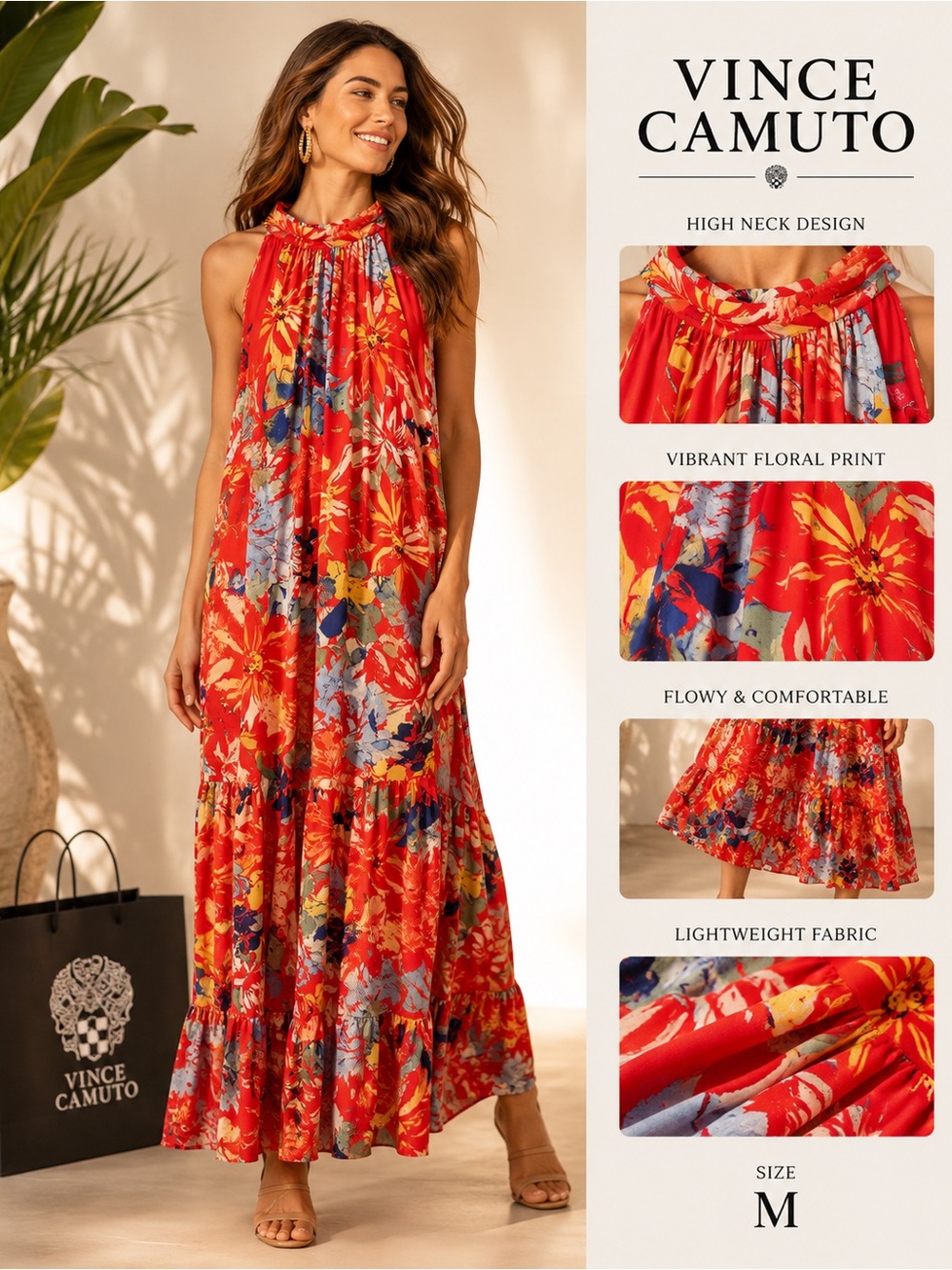 Vince Camuto Red Floral Halter Maxi Dress